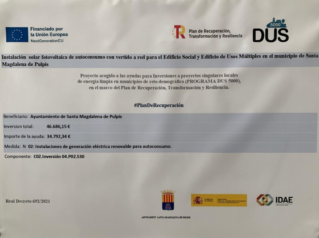 Instalación  solar fotovoltaica de autoconsumo con vertido a red para el Edificio Social y Edificios de Usos Múltiples en el municipio de Santa Magdalena de Pulpis